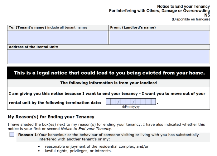 N5 FORM - NOTICE TO END YOUR TENANCY FOR INTERFERING WITH OTHERS, DAMAGE OR OVERCROWDING